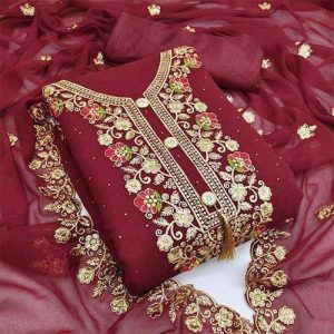Maroon Jorjet With Embroidery And Stone Work 4 Pics